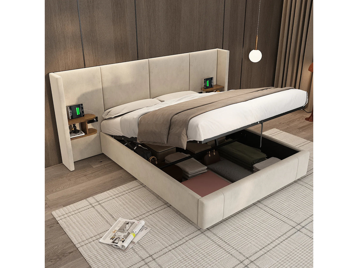 Lit Coffre 160x200 Velours Beige avec Chevets et Port USB — vue 3