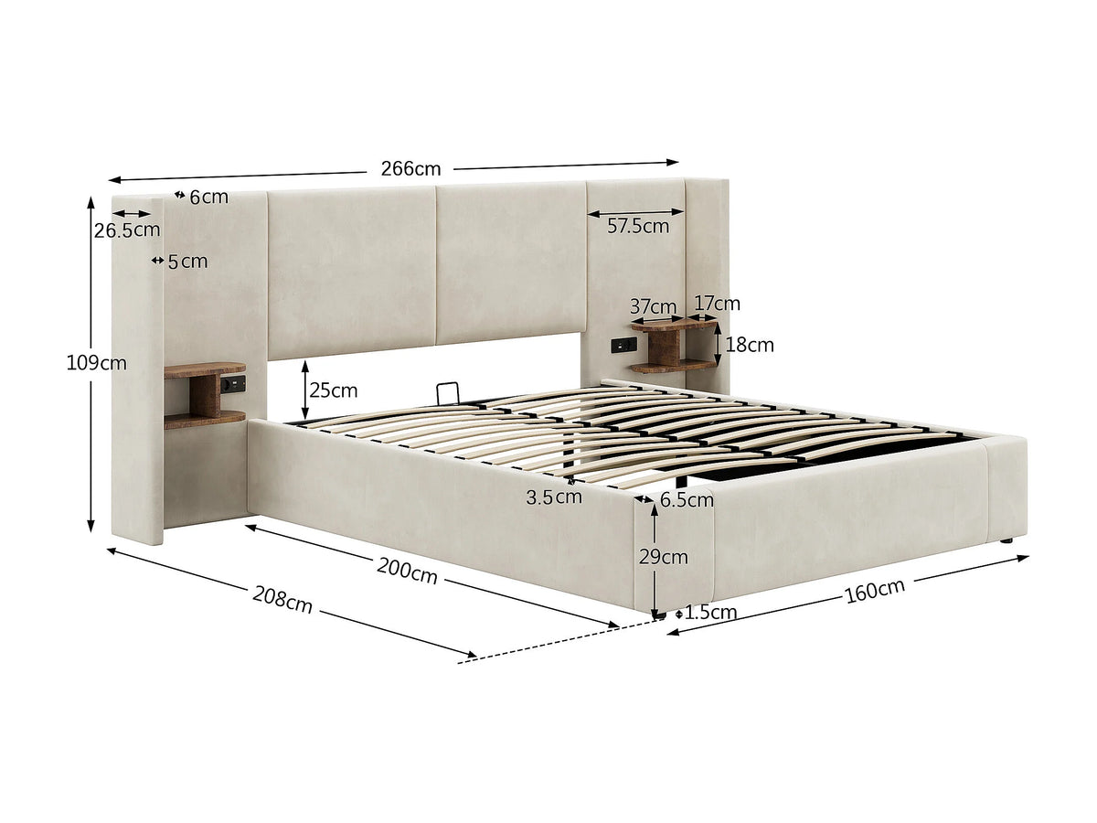 Lit Coffre 160x200 Velours Beige avec Chevets et Port USB — vue 8