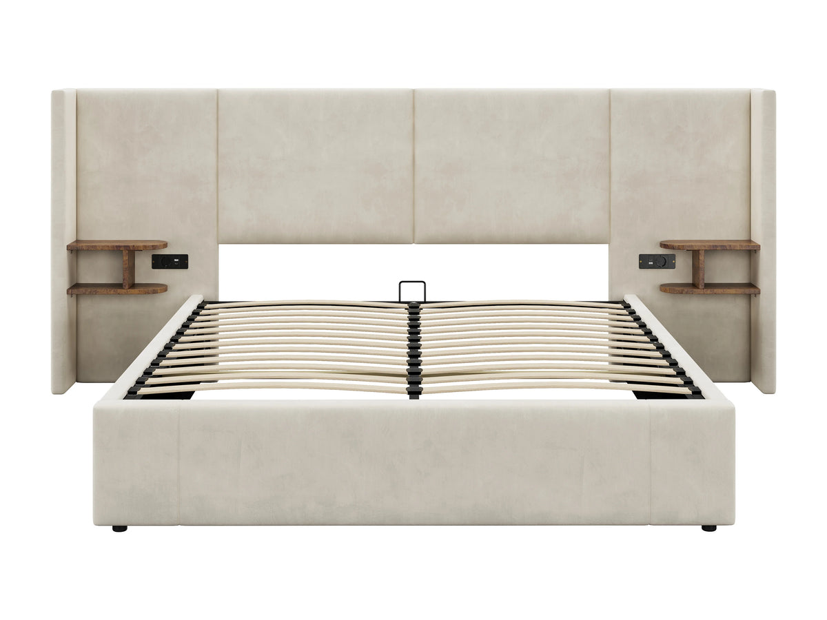 Lit Coffre 160x200 Velours Beige avec Chevets et Port USB — vue 4