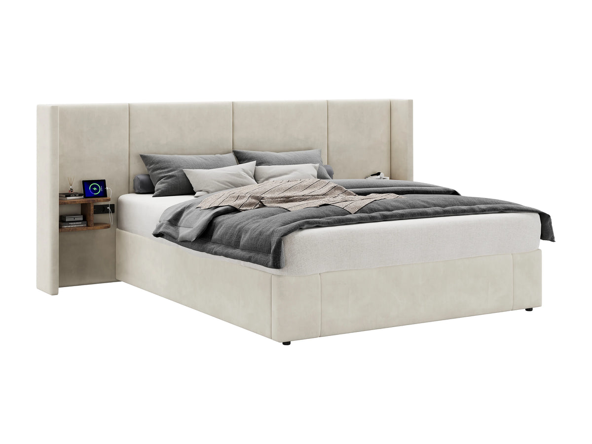 Lit Coffre 160x200 Velours Beige avec Chevets et Port USB — vue 9