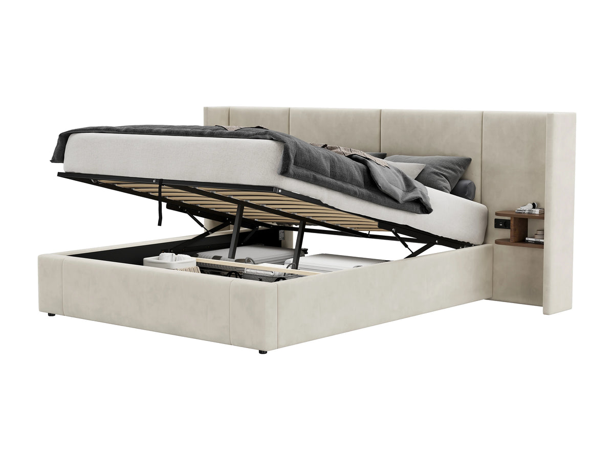 Lit Coffre 160x200 Velours Beige avec Chevets et Port USB — vue 5