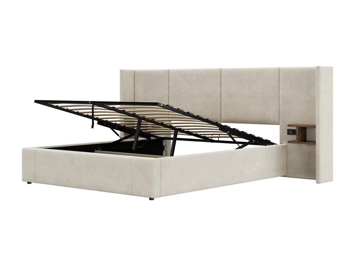 Lit Coffre 160x200 Velours Beige avec Chevets et Port USB — vue 6