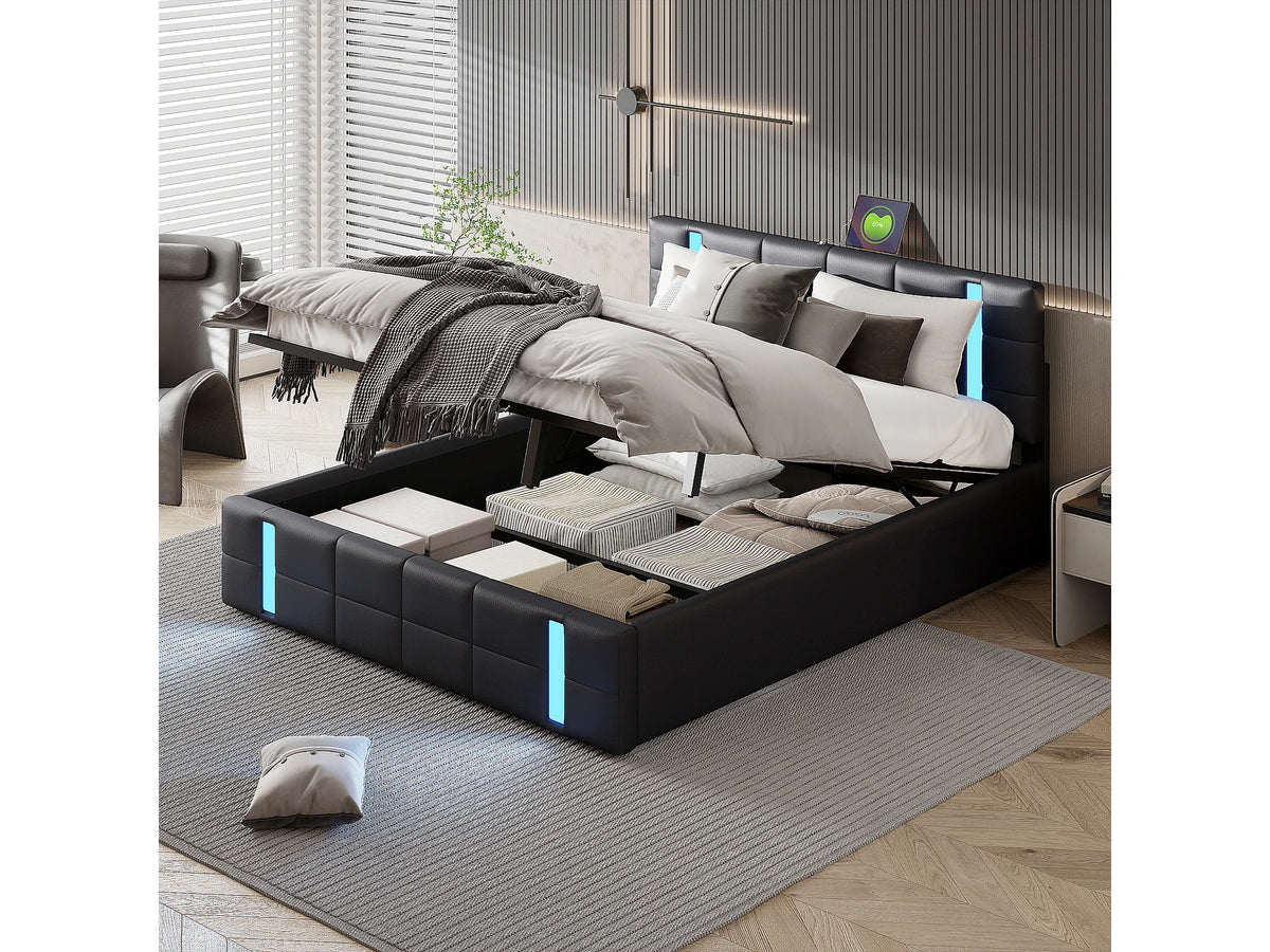 Lit Coffre 140x200 Simili Cuir Noir Capitonné avec LED et Port USB