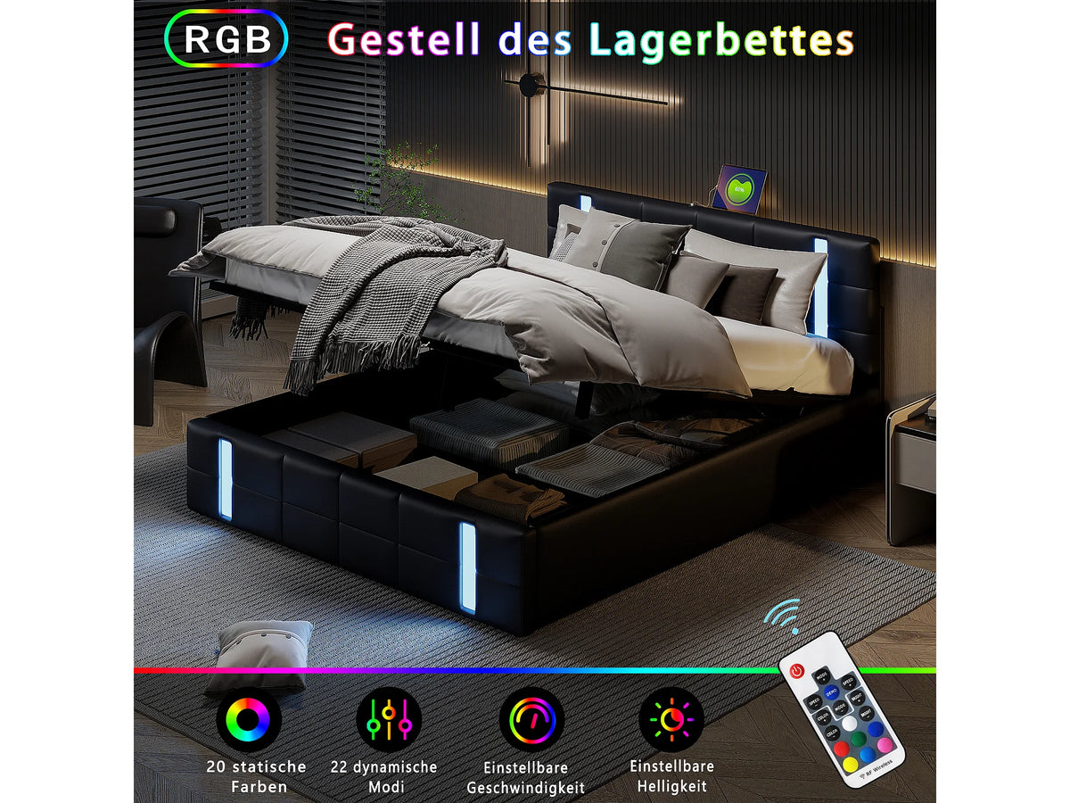 Lit Coffre 140x200 Simili Cuir Noir Capitonné avec LED et Port USB — vue 2