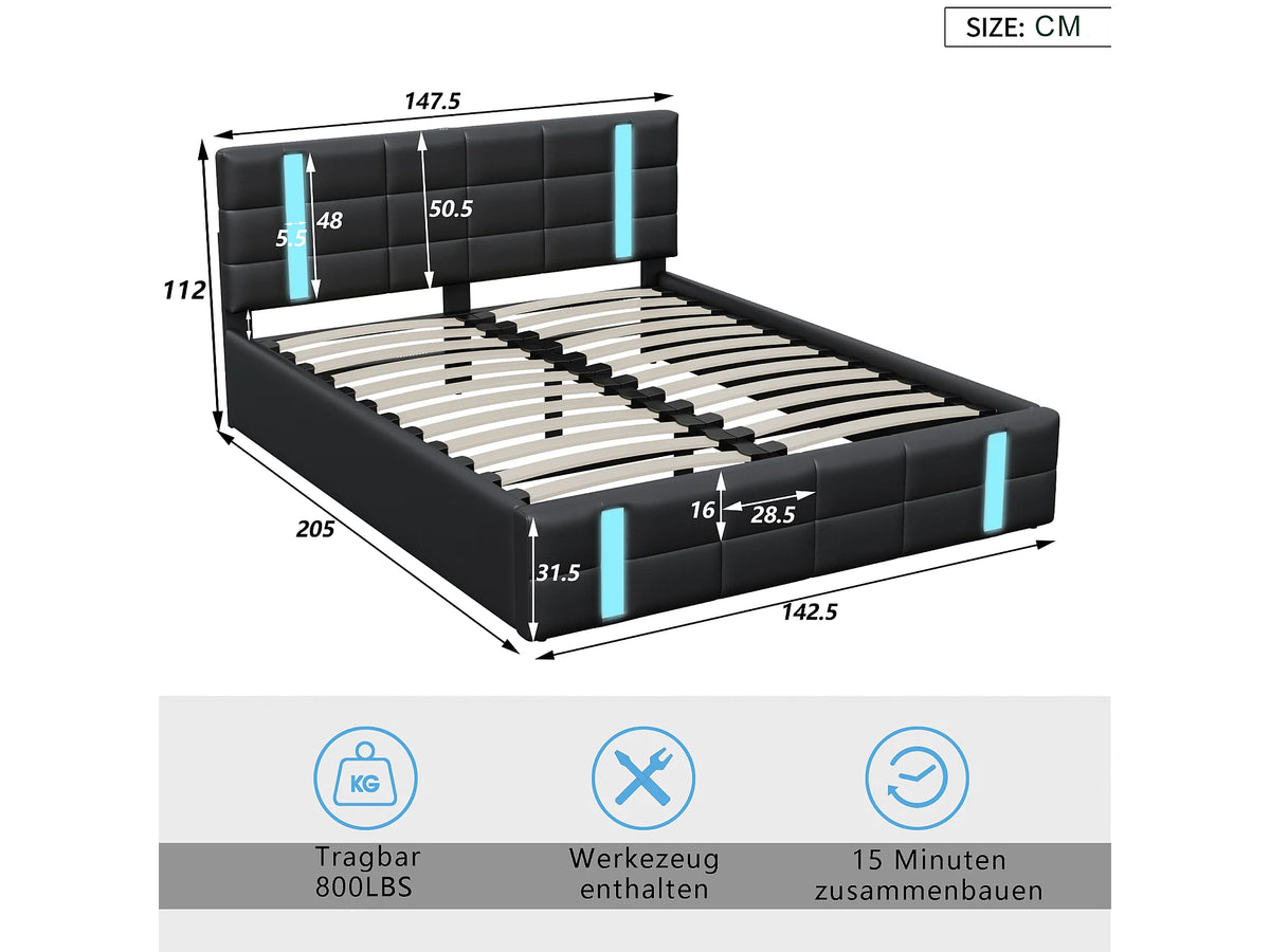 Lit Coffre 140x200 Simili Cuir Noir Capitonné avec LED et Port USB — vue 7