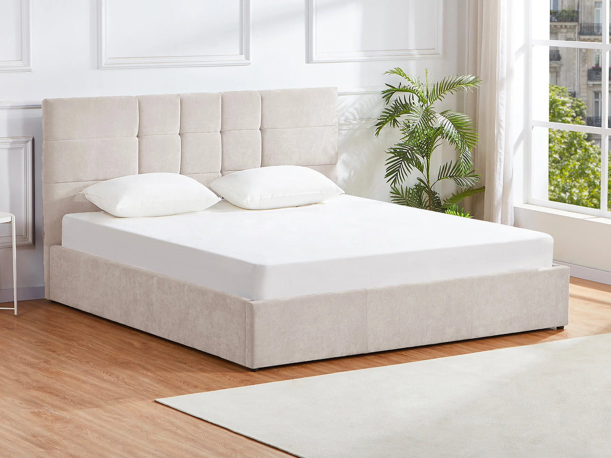 Lit Coffre 180x200 Tissu Beige Capitonné - HOPEYA — vue 12