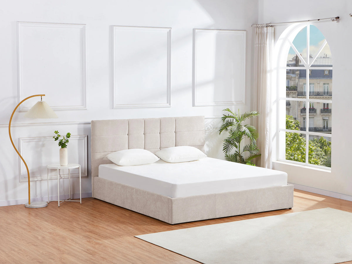 Lit Coffre 200x200 Tissu Beige Capitonné - HOPEYA — vue 11