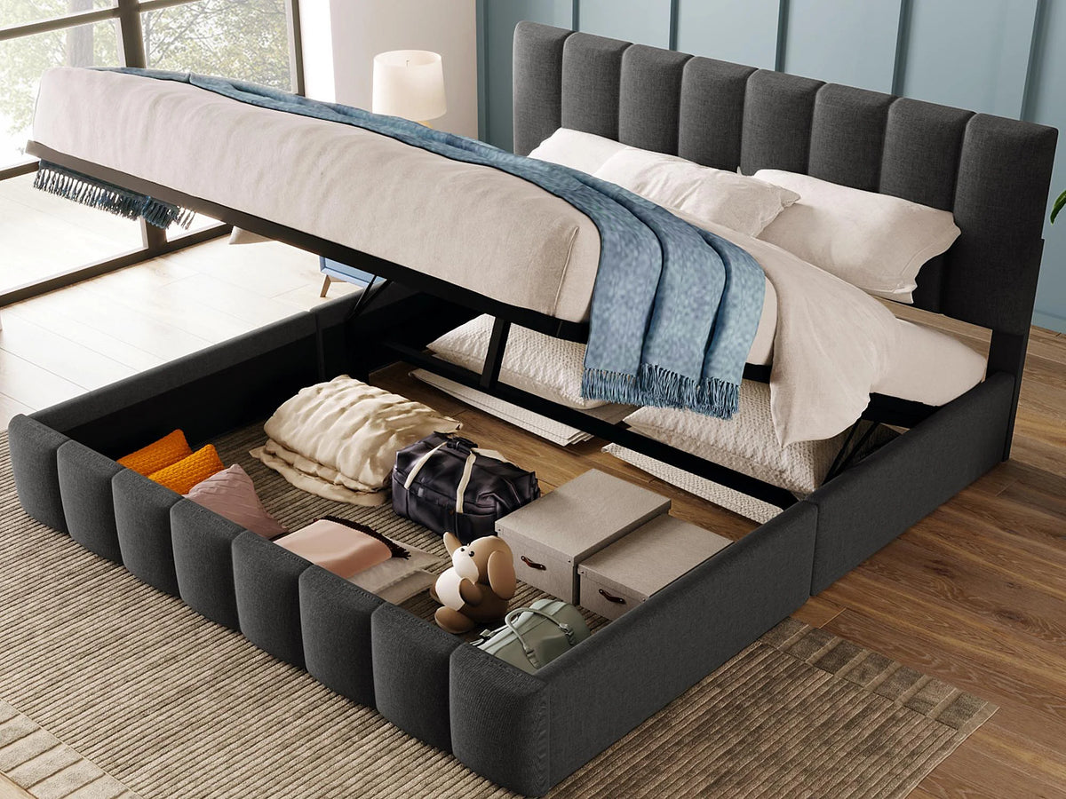 Lit Coffre 140x200 Tissu Lin Gris Capitonné