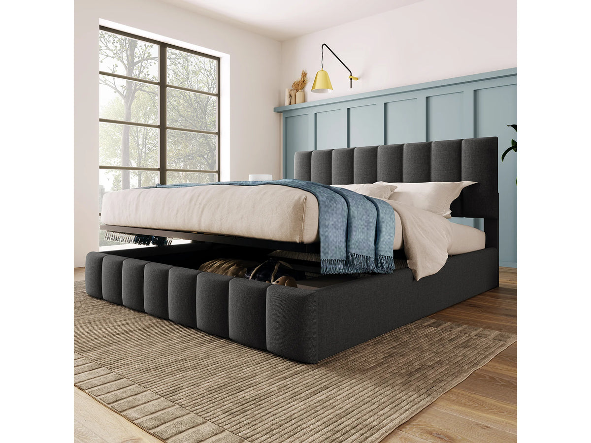 Lit Coffre 140x200 Tissu Lin Gris Capitonné — vue 2