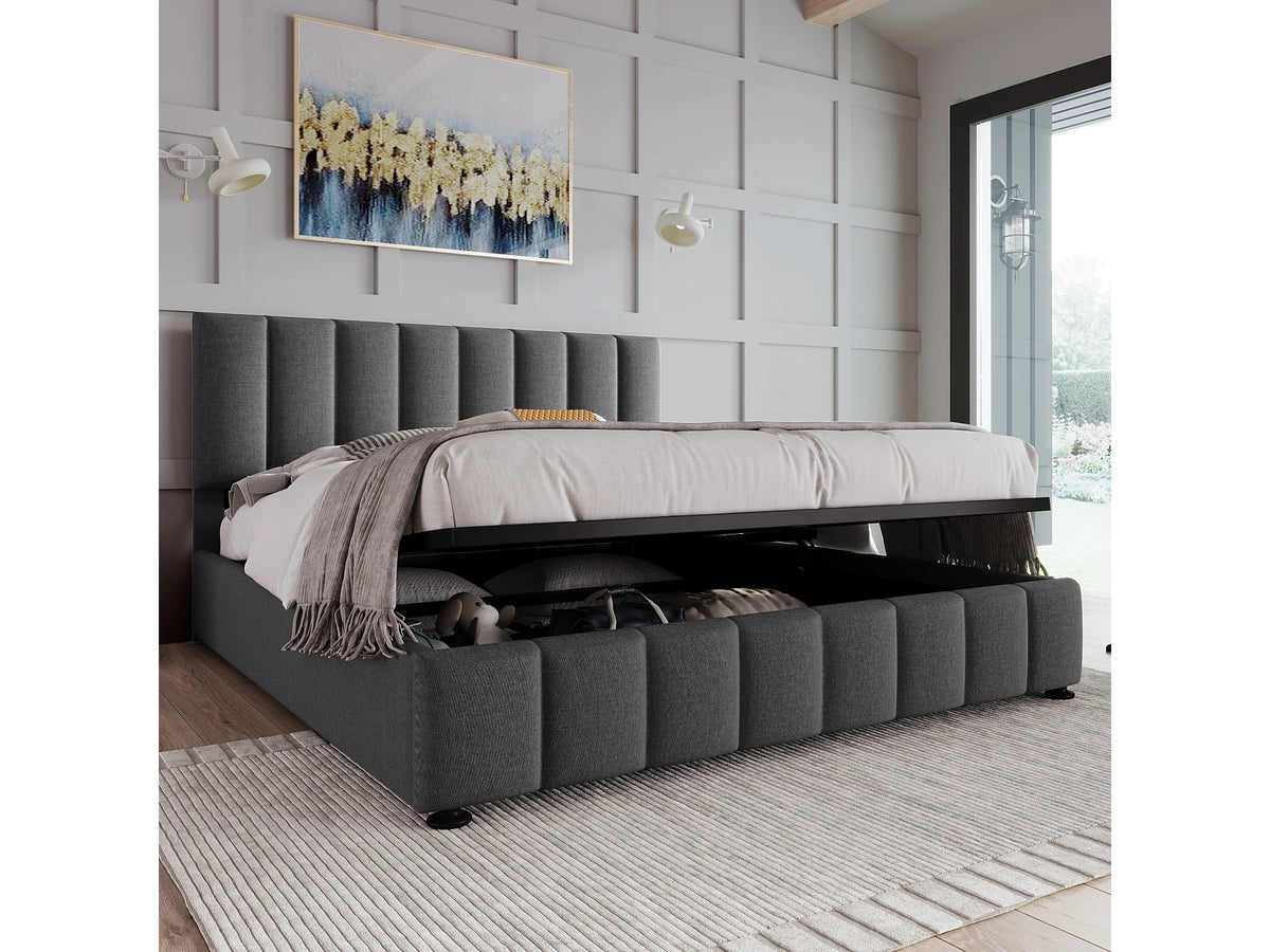 Lit Coffre 140x200 Tissu Lin Gris Capitonné — vue 4