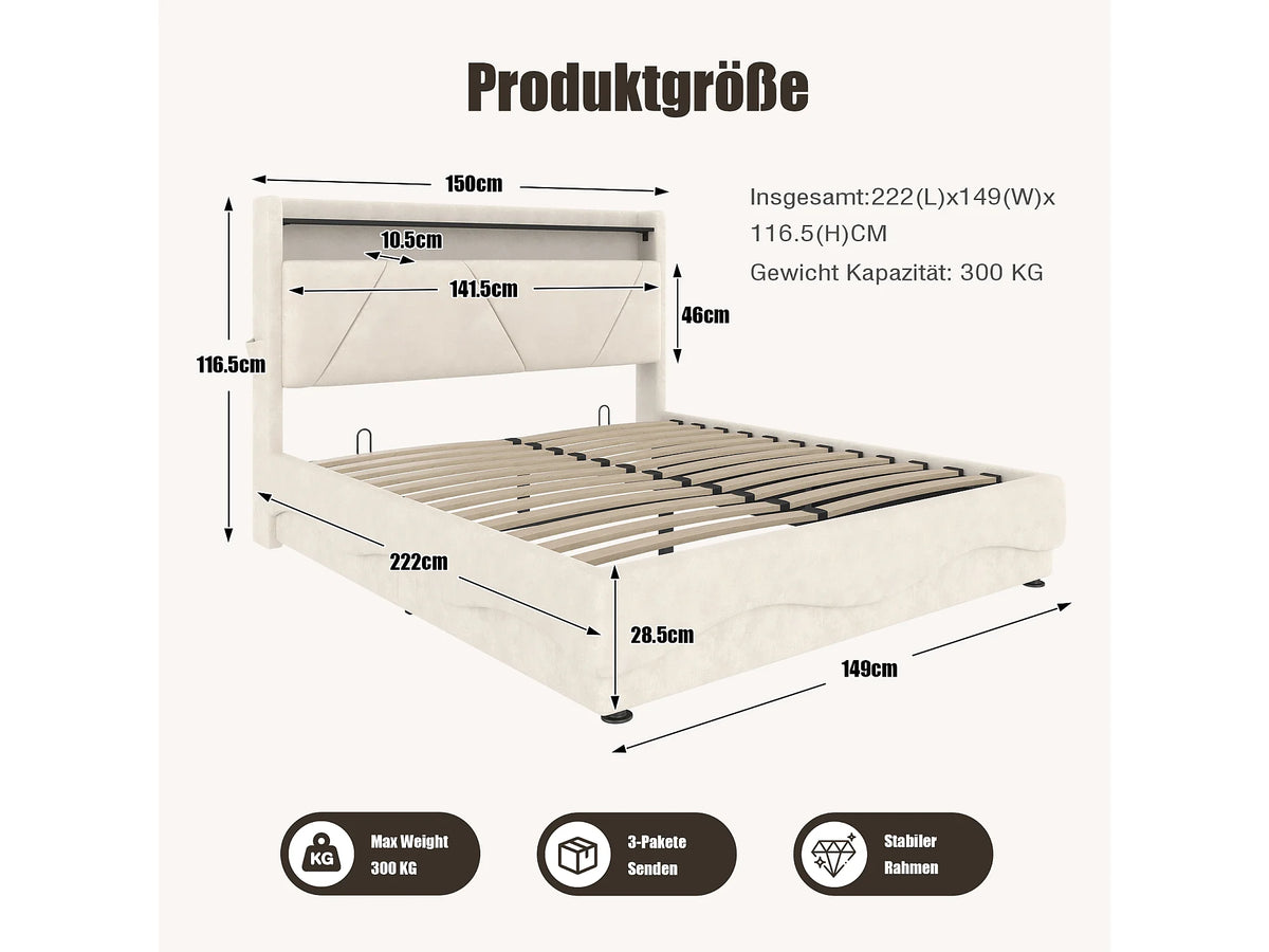 Lit Coffre 140x200 Velours Beige avec Chevets, LED et Port USB — vue 6