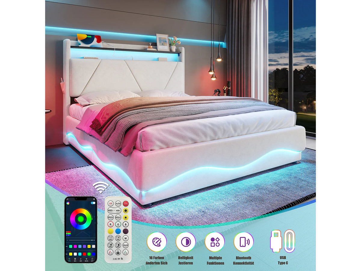 Lit Coffre 140x200 Velours Beige avec Chevets, LED et Port USB — vue 2