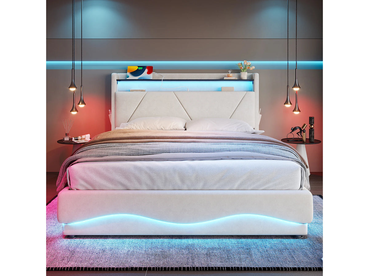 Lit Coffre 140x200 Velours Beige avec Chevets, LED et Port USB — vue 4