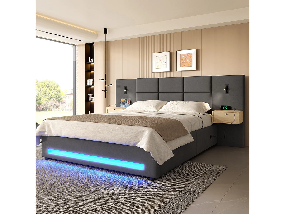 Lit Coffre 180x200 Velours Gris avec Chevets, LED, Tiroirs et Port USB — vue 2