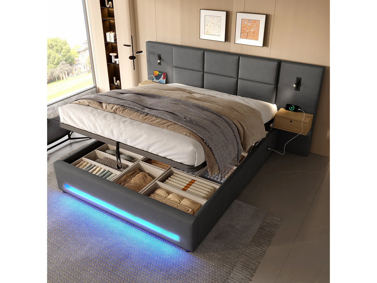 Lit Coffre 180x200 Velours Gris avec Chevets, LED, Tiroirs et Port USB — vue 4