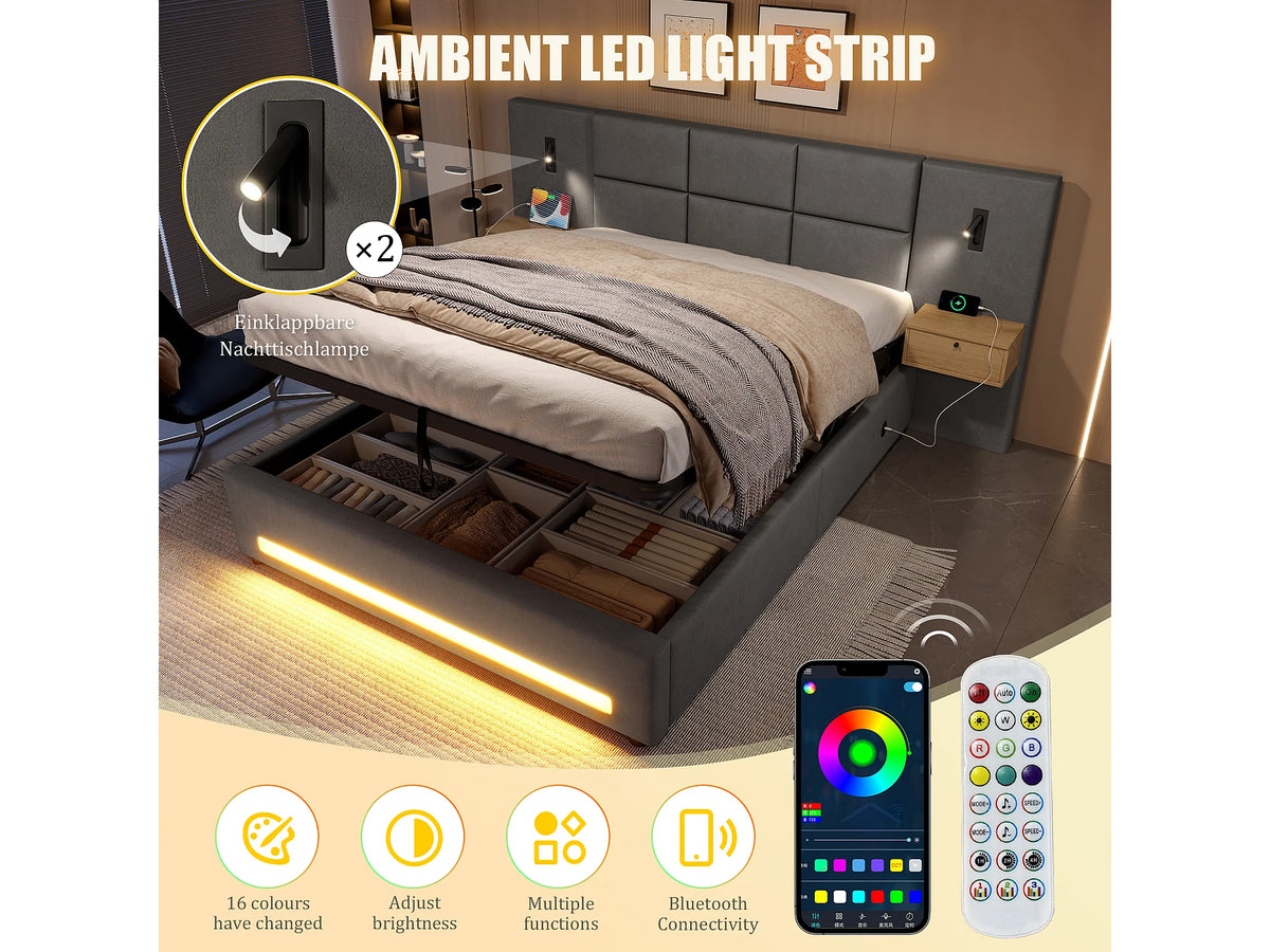 Lit Coffre 180x200 Velours Gris avec Chevets, LED, Tiroirs et Port USB — vue 8