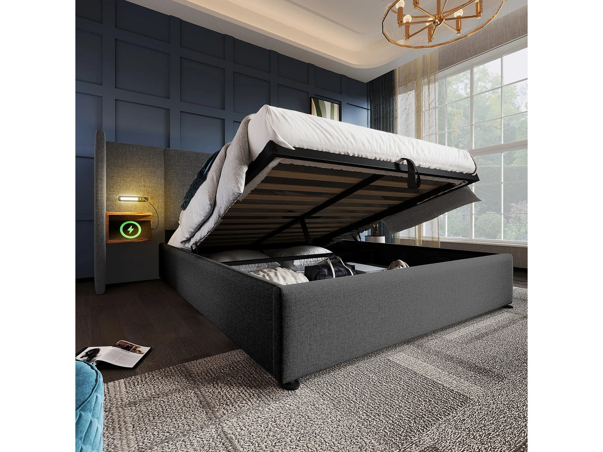 Lit Coffre 160x200 Tissu Lin Gris avec Chevets et Port USB — vue 2
