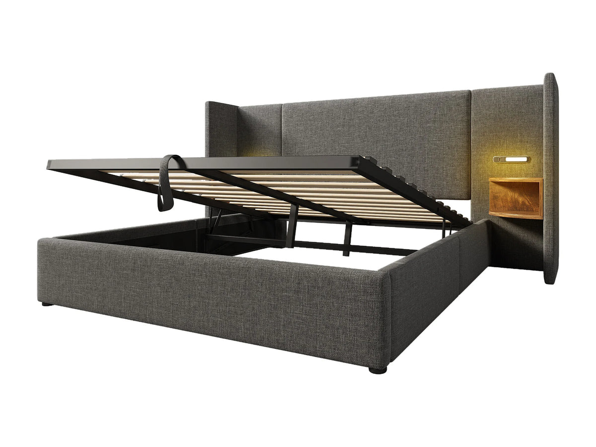 Lit Coffre 160x200 Tissu Lin Gris avec Chevets et Port USB — vue 9