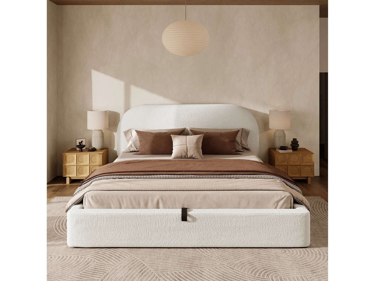 Lit Coffre 180x200 Tissu Bouclette Beige Capitonné — vue 2