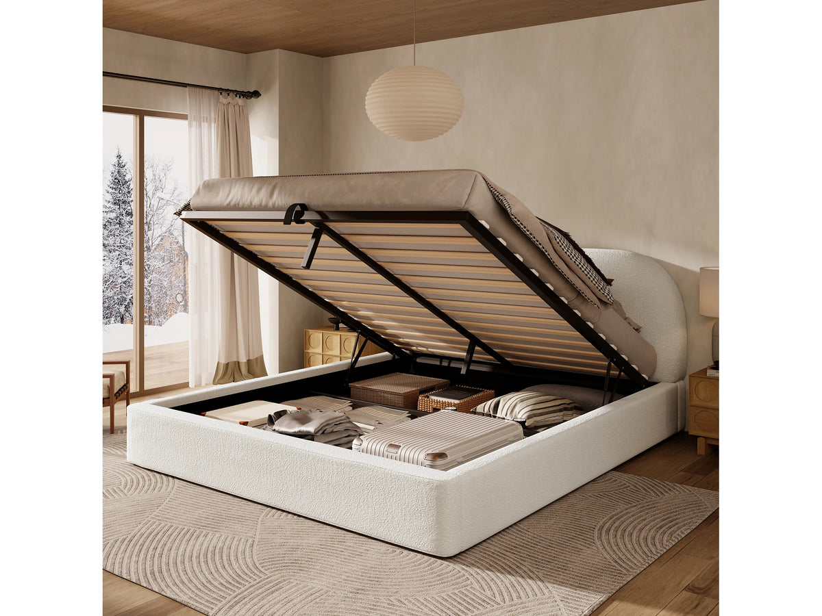 Lit Coffre 180x200 Tissu Bouclette Beige Capitonné — vue 3
