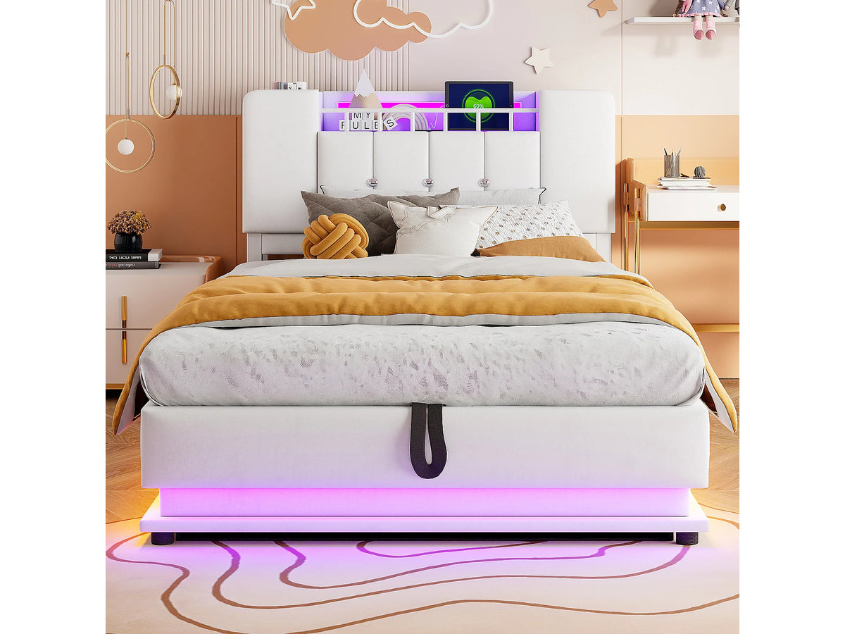 Lit Coffre 90x200 Velours Beige Capitonné avec LED et Port USB — vue 3