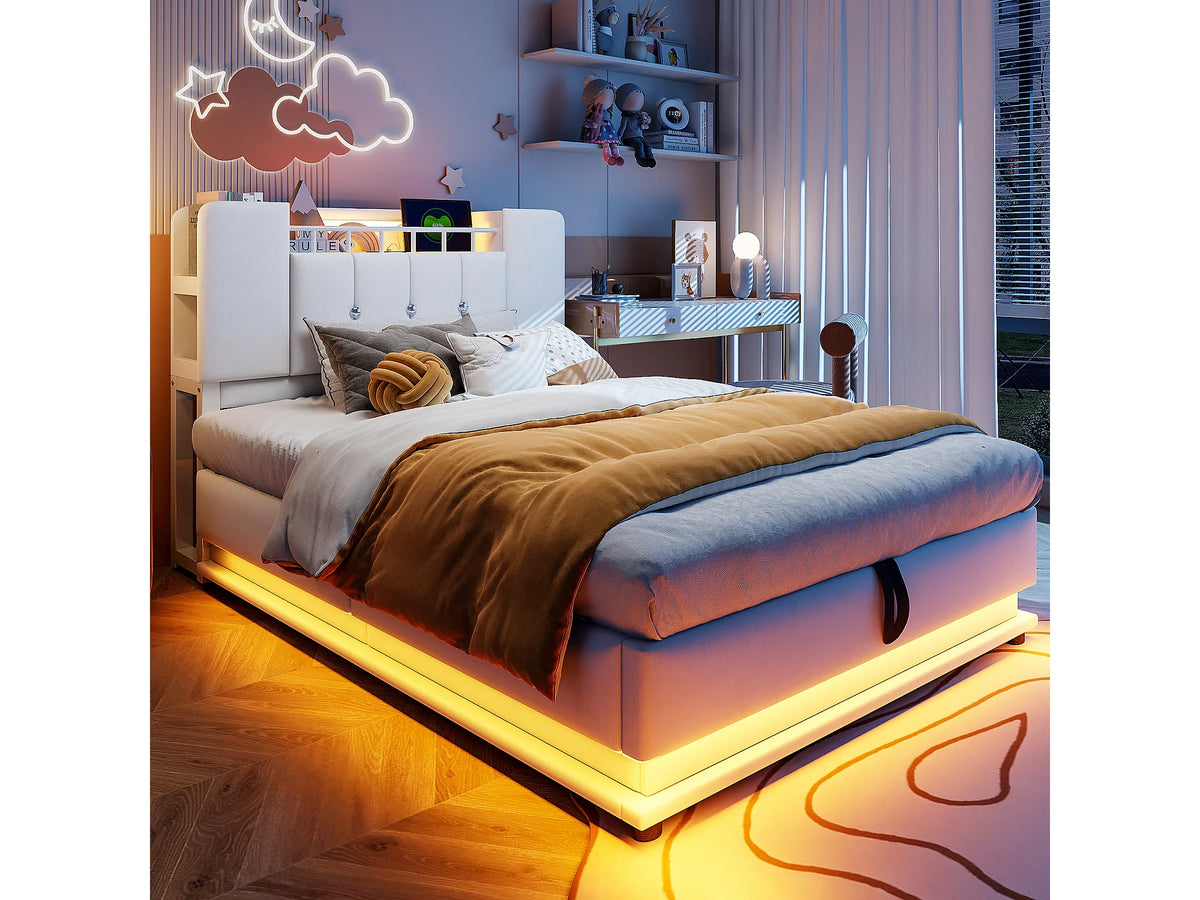 Lit Coffre 90x200 Velours Beige Capitonné avec LED et Port USB — vue 4