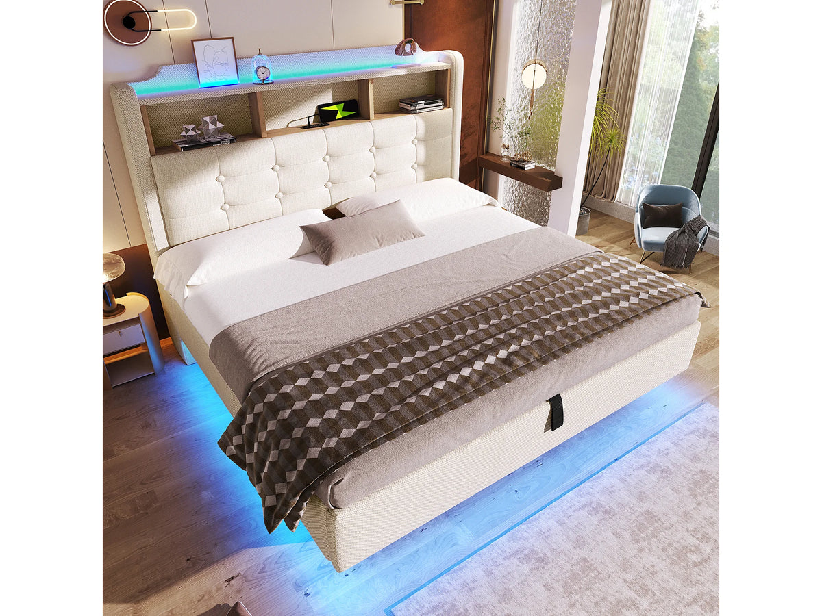 Lit Coffre 140x200 Tissu Lin Beige Capitonné avec LED et Port USB — vue 4