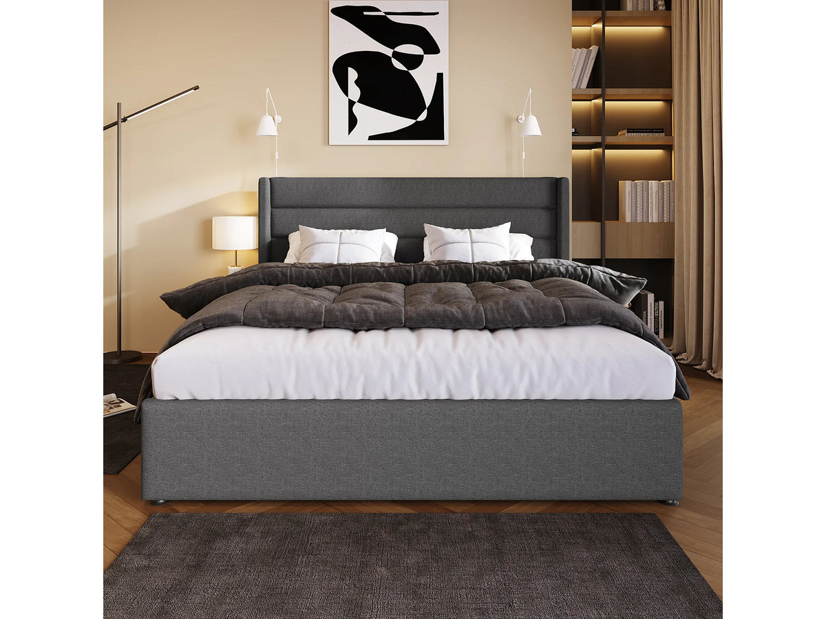 Lit Coffre 160x200 Tissu Lin Gris avec Matelas — vue 2