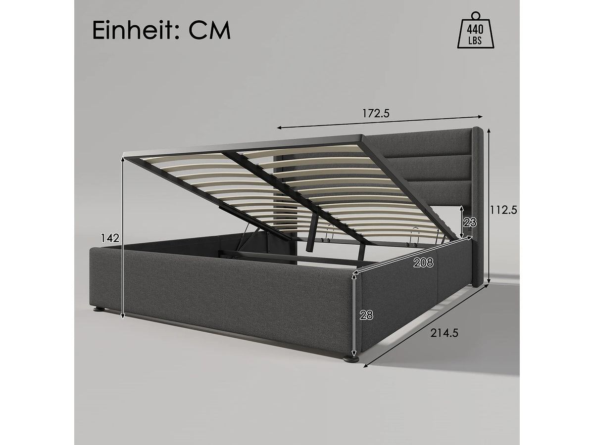 Lit Coffre 160x200 Tissu Lin Gris avec Matelas — vue 7