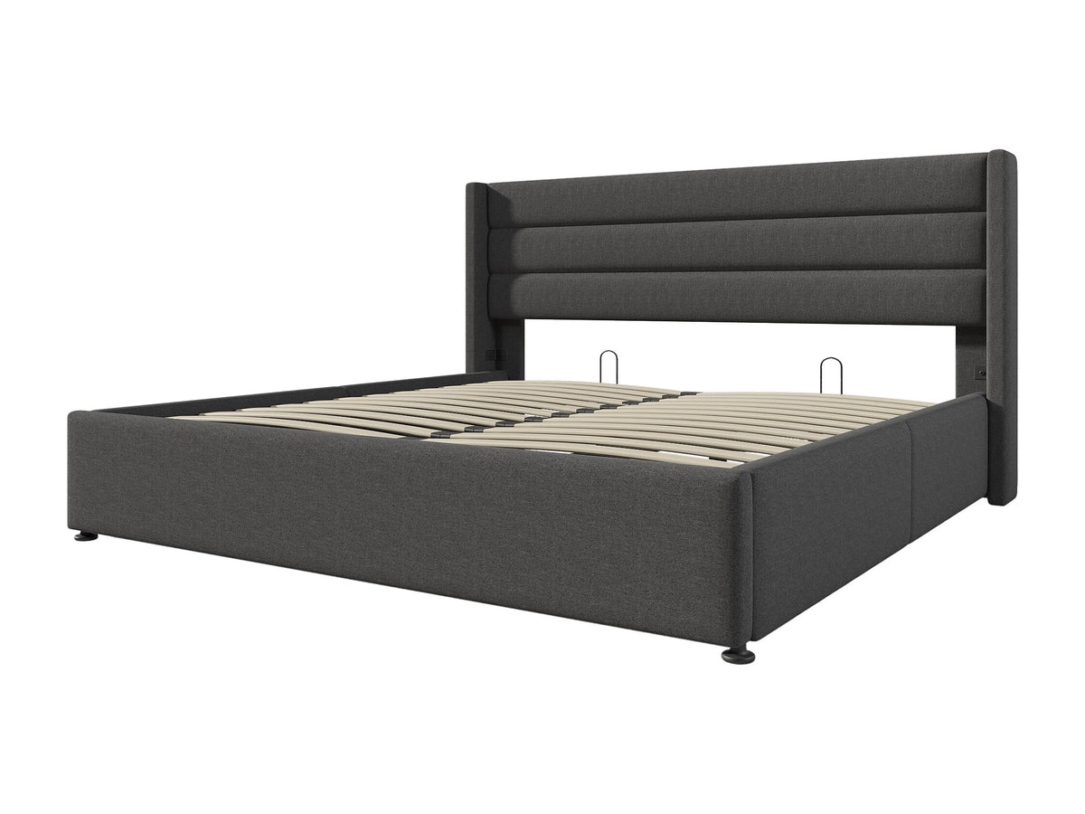 Lit Coffre 160x200 Tissu Lin Gris avec Matelas — vue 8