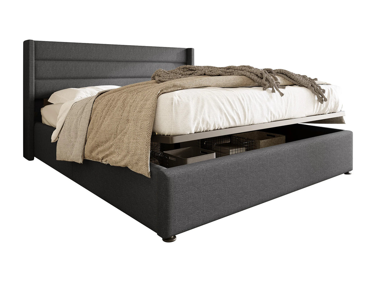 Lit Coffre 160x200 Tissu Lin Gris avec Matelas — vue 6