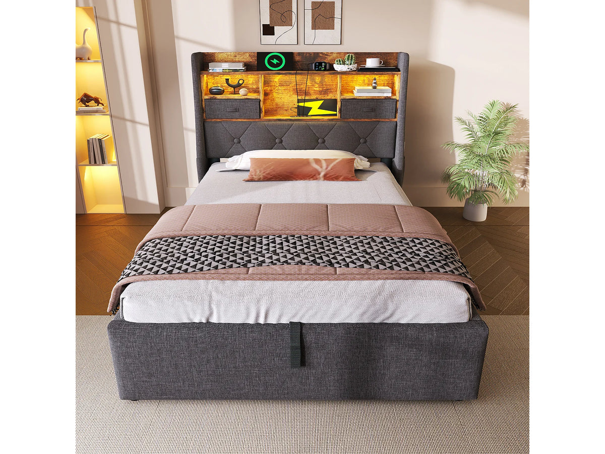 Lit Coffre 90x200 Tissu Lin Gris avec Matelas, LED, Tiroirs et Port USB — vue 8