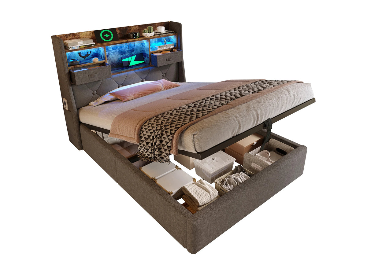 Lit Coffre 90x200 Tissu Lin Gris avec Matelas, LED, Tiroirs et Port USB — vue 3