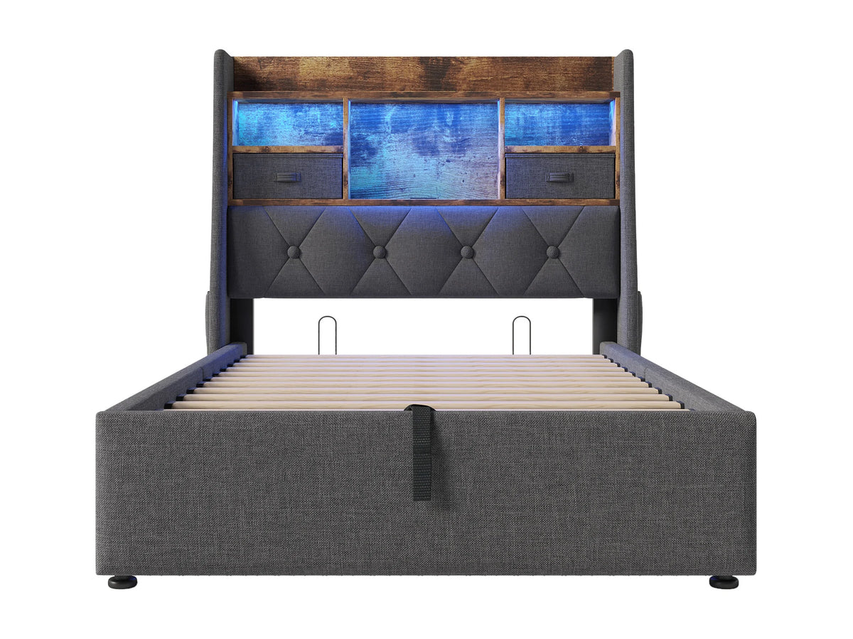 Lit Coffre 90x200 Tissu Lin Gris avec Matelas, LED, Tiroirs et Port USB — vue 5
