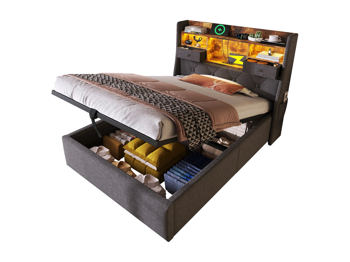 Lit Coffre 90x200 Tissu Lin Gris avec Matelas, LED, Tiroirs et Port USB — vue 9