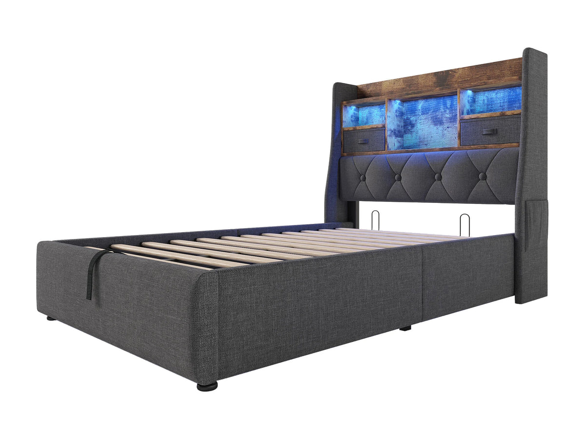 Lit Coffre 90x200 Tissu Lin Gris avec Matelas, LED, Tiroirs et Port USB — vue 10