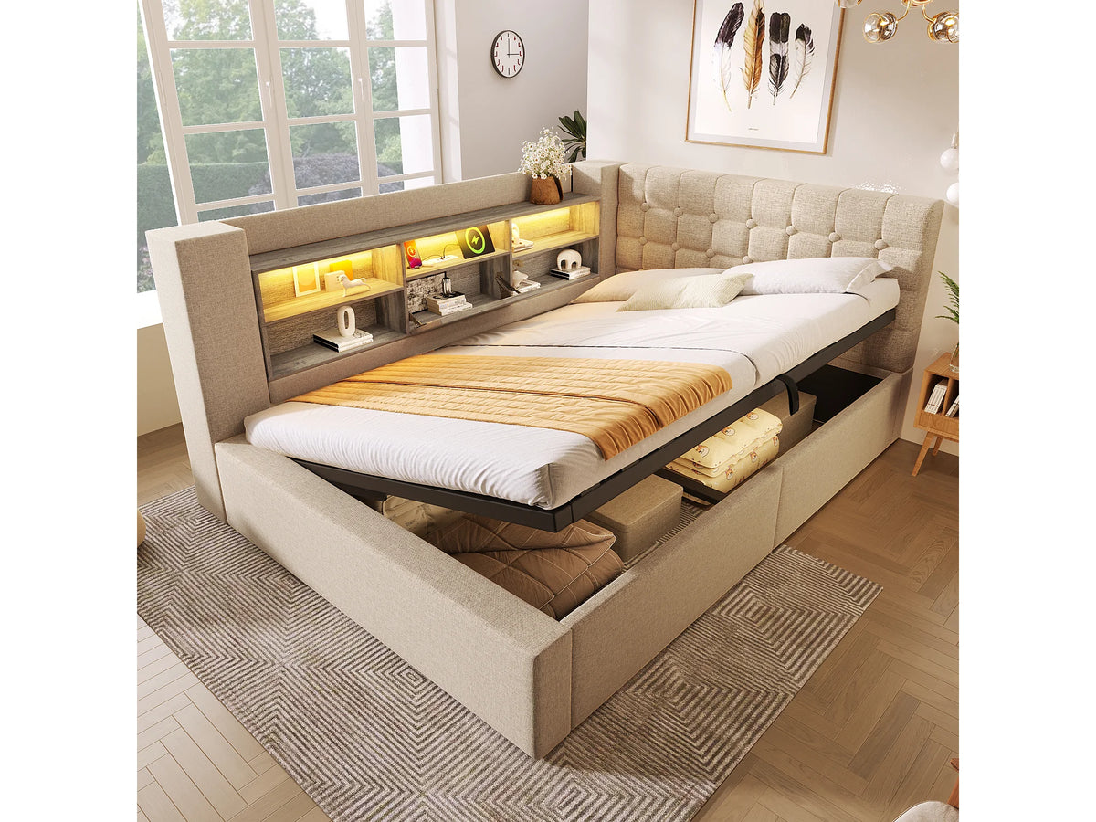 Lit Coffre 140x190 Tissu Lin Beige avec LED
