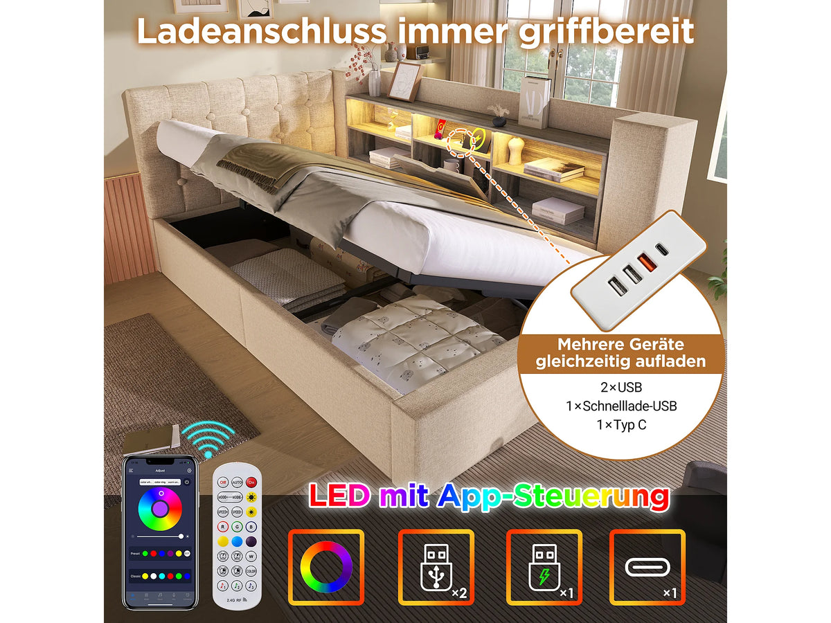 Lit Coffre 140x190 Tissu Lin Beige avec LED — vue 6