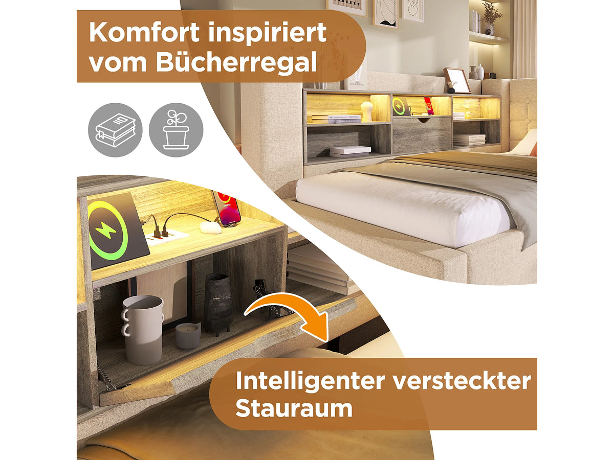 Lit Coffre 140x190 Tissu Lin Beige avec LED — vue 8