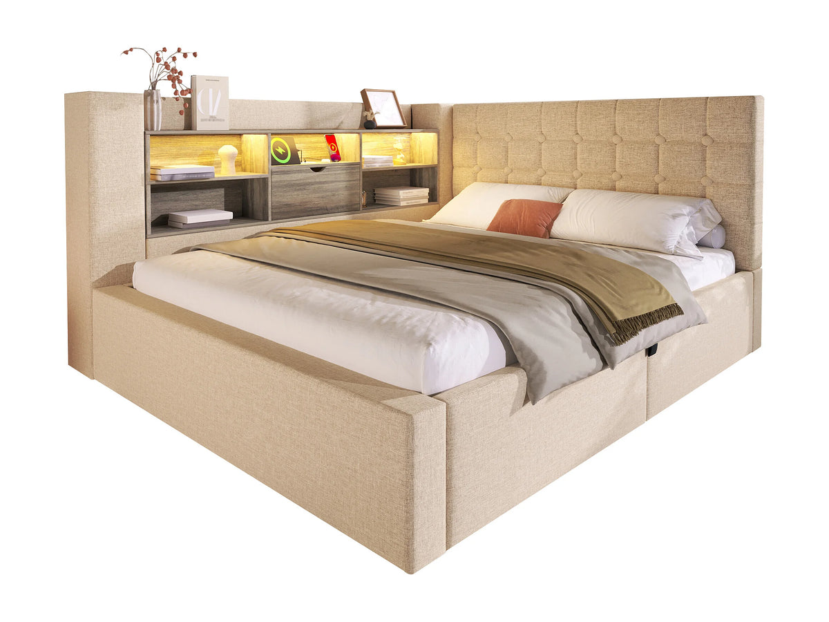 Lit Coffre 140x190 Tissu Lin Beige avec LED — vue 4