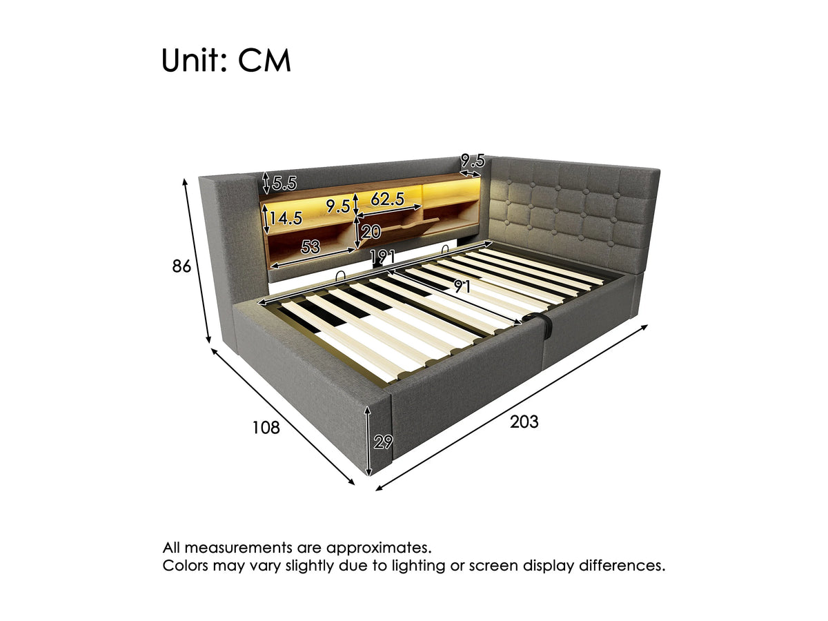 Lit Coffre 90x190 Tissu Lin Gris avec LED — vue 6