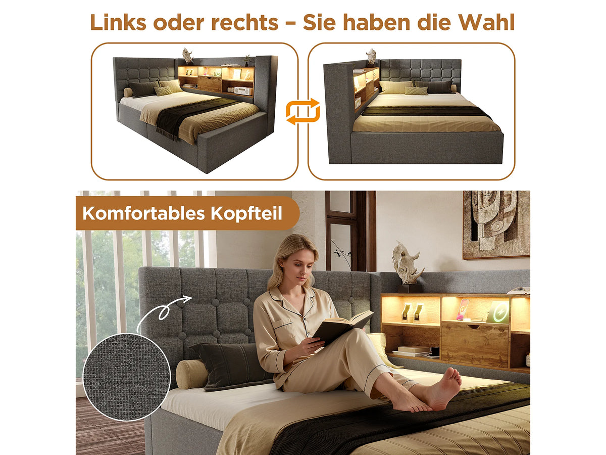 Lit Coffre 90x190 Tissu Lin Gris avec LED — vue 8