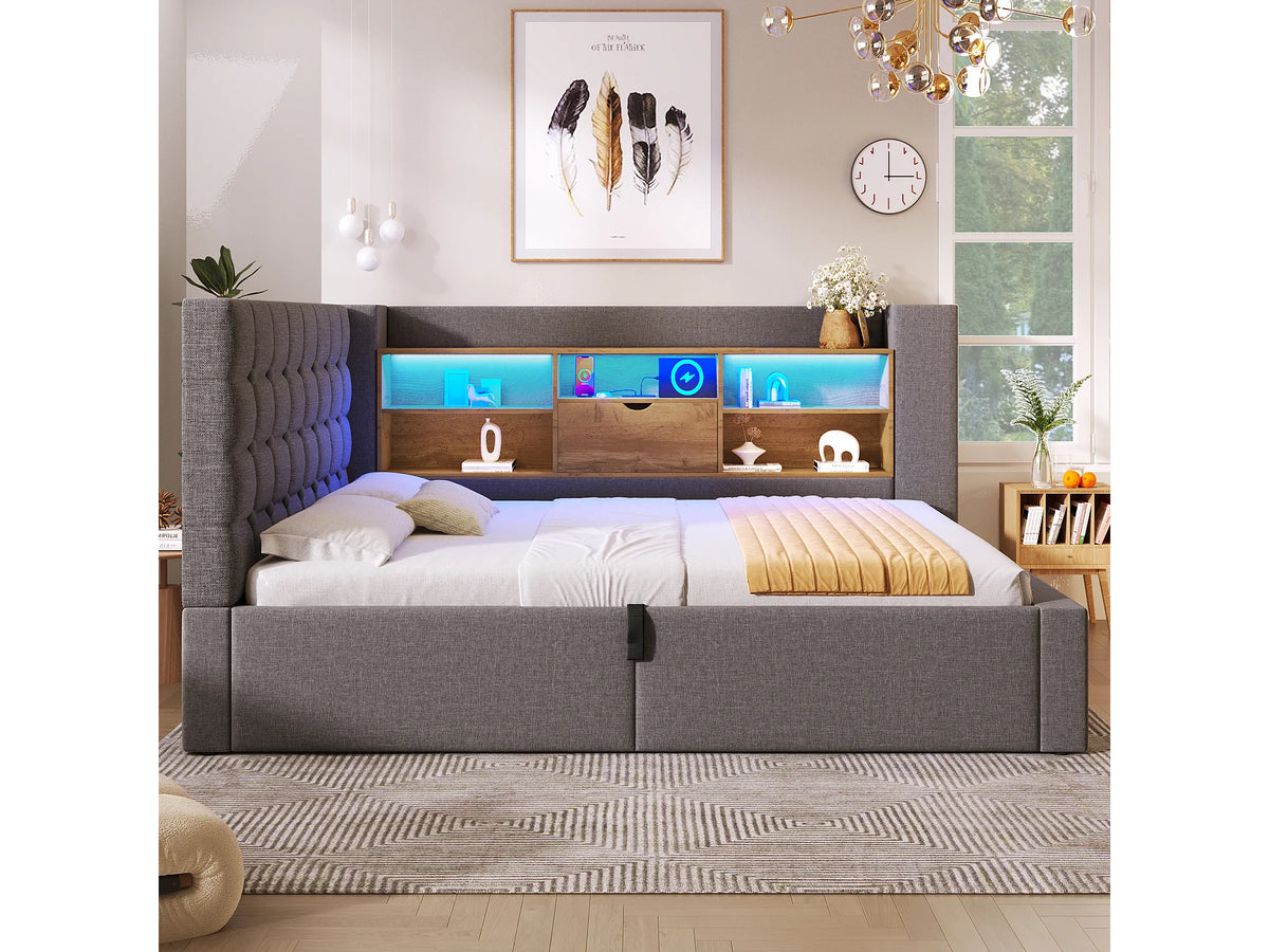 Lit Coffre 90x190 Tissu Lin Gris avec LED — vue 2