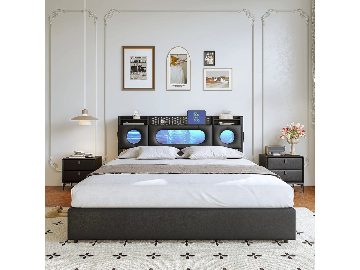 Lit Coffre 140x200 Tissu Lin Noir avec LED et Port USB — vue 2