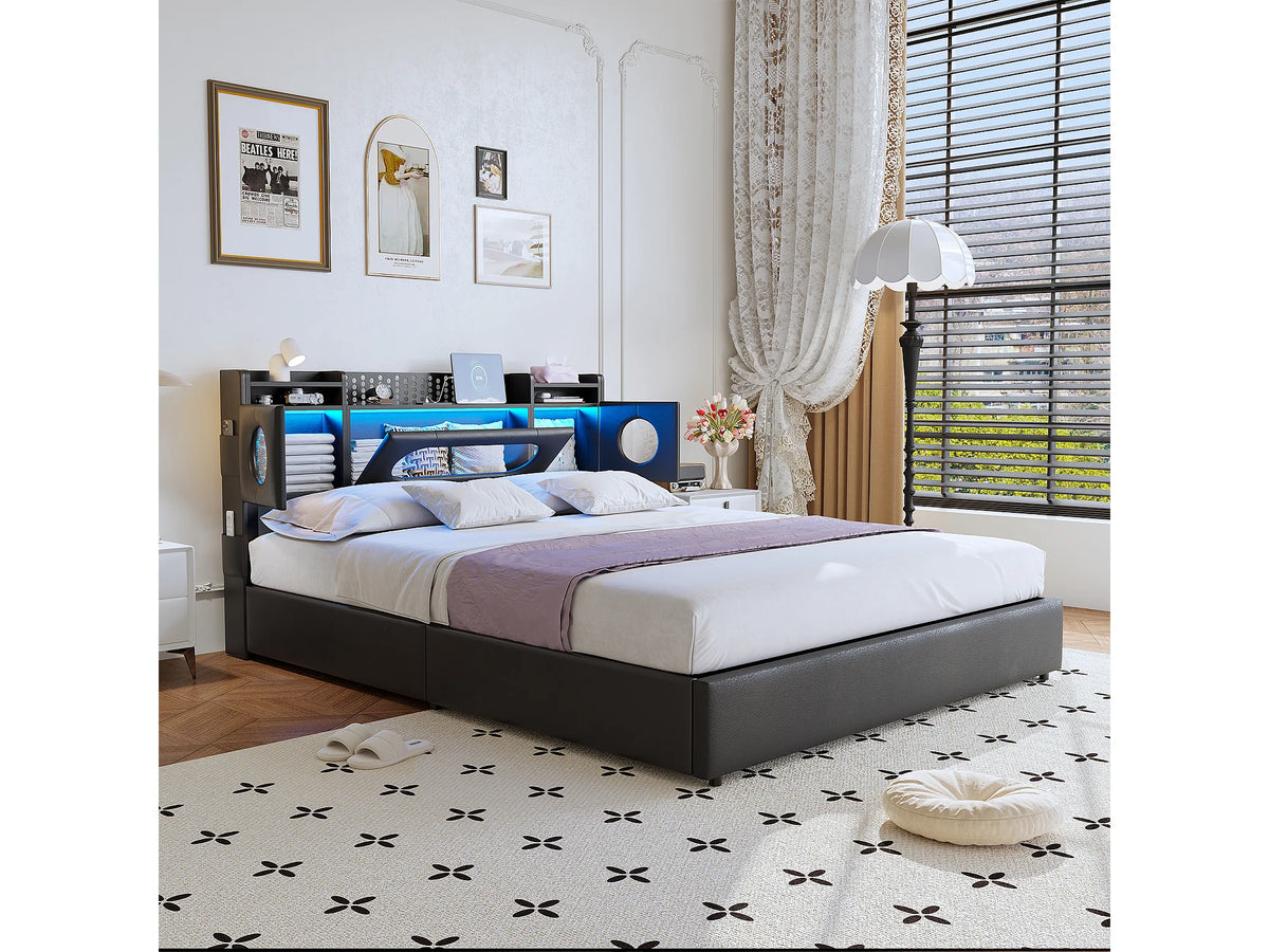 Lit Coffre 140x200 Tissu Lin Noir avec LED et Port USB — vue 4