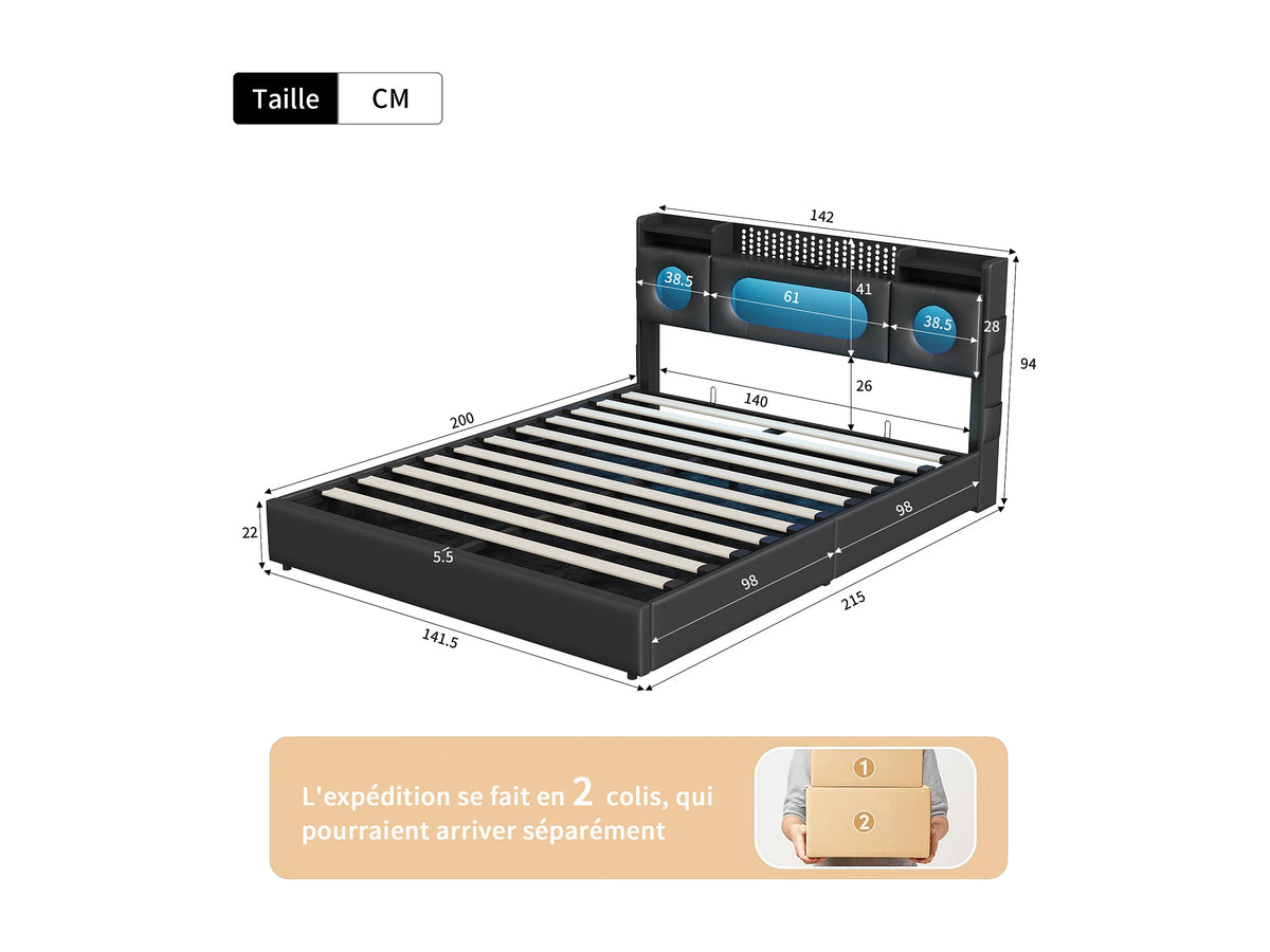 Lit Coffre 140x200 Tissu Lin Noir avec LED et Port USB — vue 7