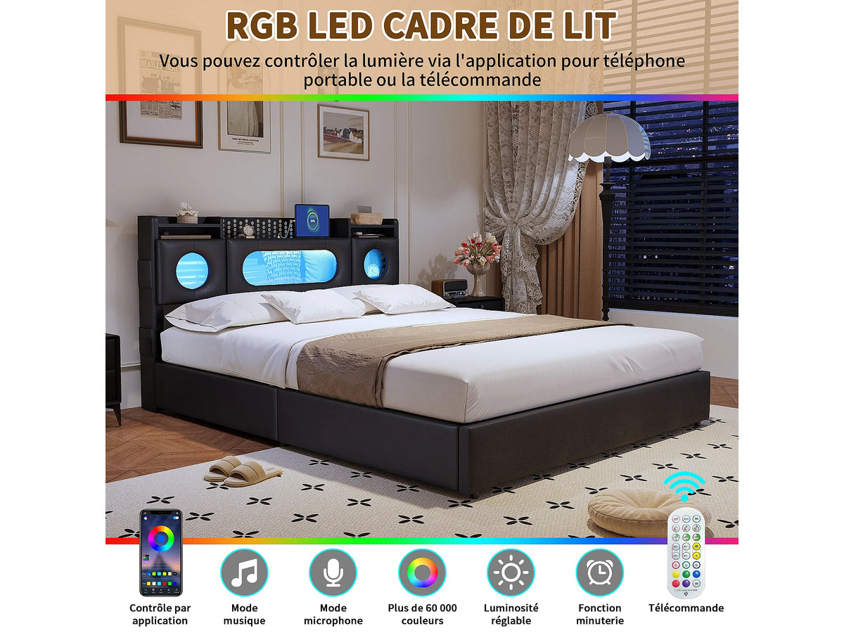 Lit Coffre 140x200 Tissu Lin Noir avec LED et Port USB — vue 10