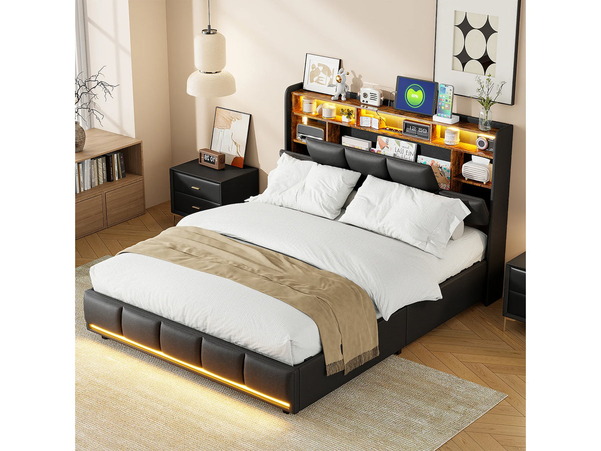 Lit Coffre 140x190 Simili Cuir Noir avec LED et Port USB — vue 2