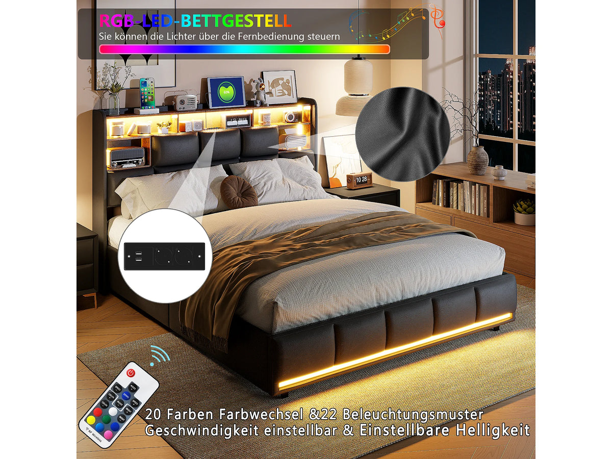 Lit Coffre 140x190 Simili Cuir Noir avec LED et Port USB — vue 8