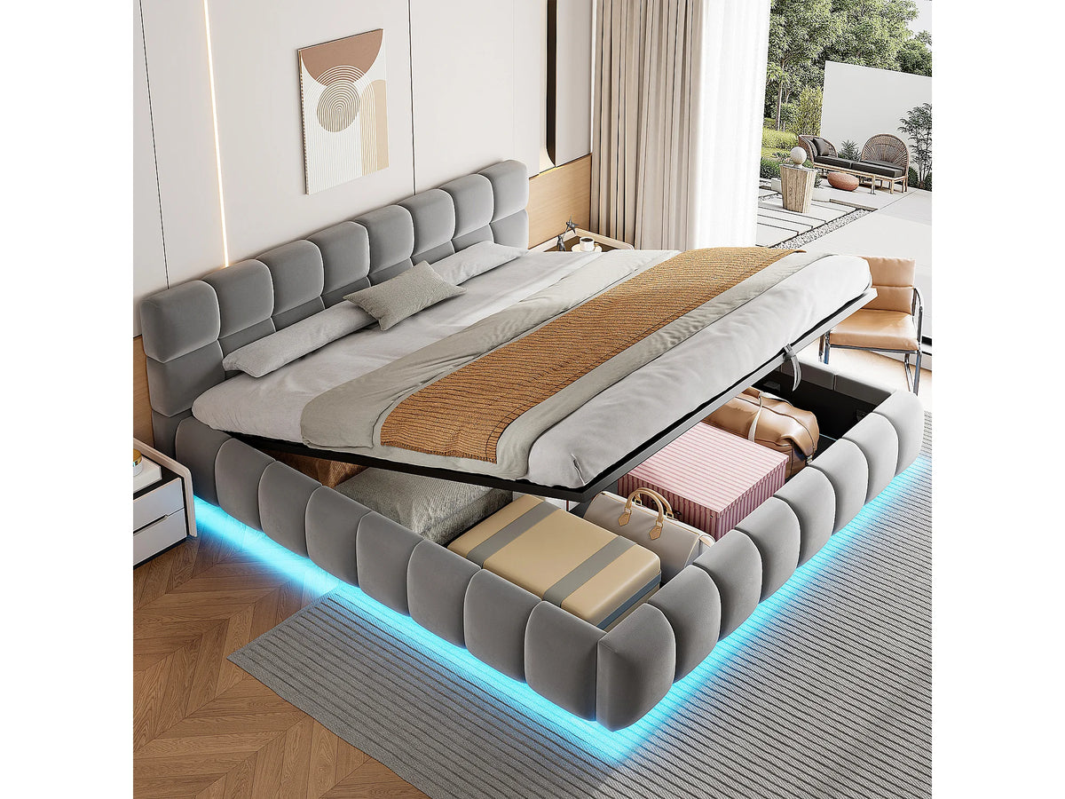 Lit Coffre 180x200 Velours Gris Capitonné avec LED — vue 2